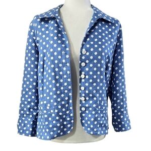 Talbots 100% Linen Blue White Polka Dot Button-Up Jacket Lightweight Pockets